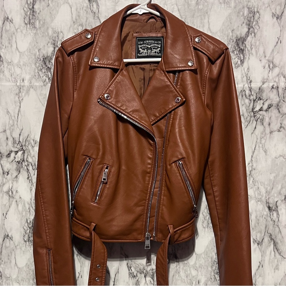 Levi's Faux Leather Belted Moto Jacket in Camel